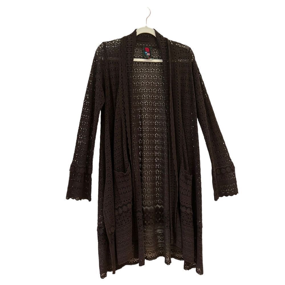 Johnny Was Crochet Long Cardigan Open Knit Women's Dark Brown Size Small